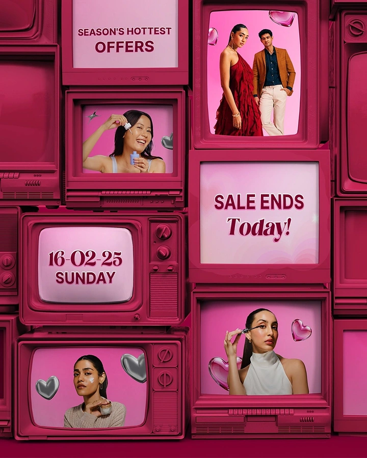 Valentine's Day creative ad: Wall of magenta retro TVs showing beauty and fashion models