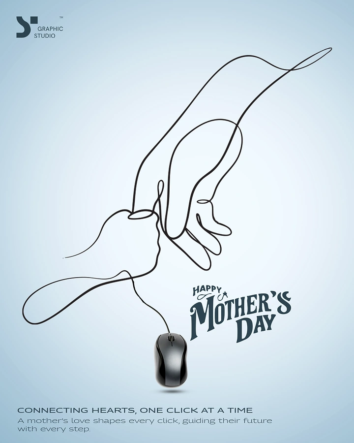 Mother's Day creative ad: line-art adult hand holding a child's hand, drawn by a mouse cable
