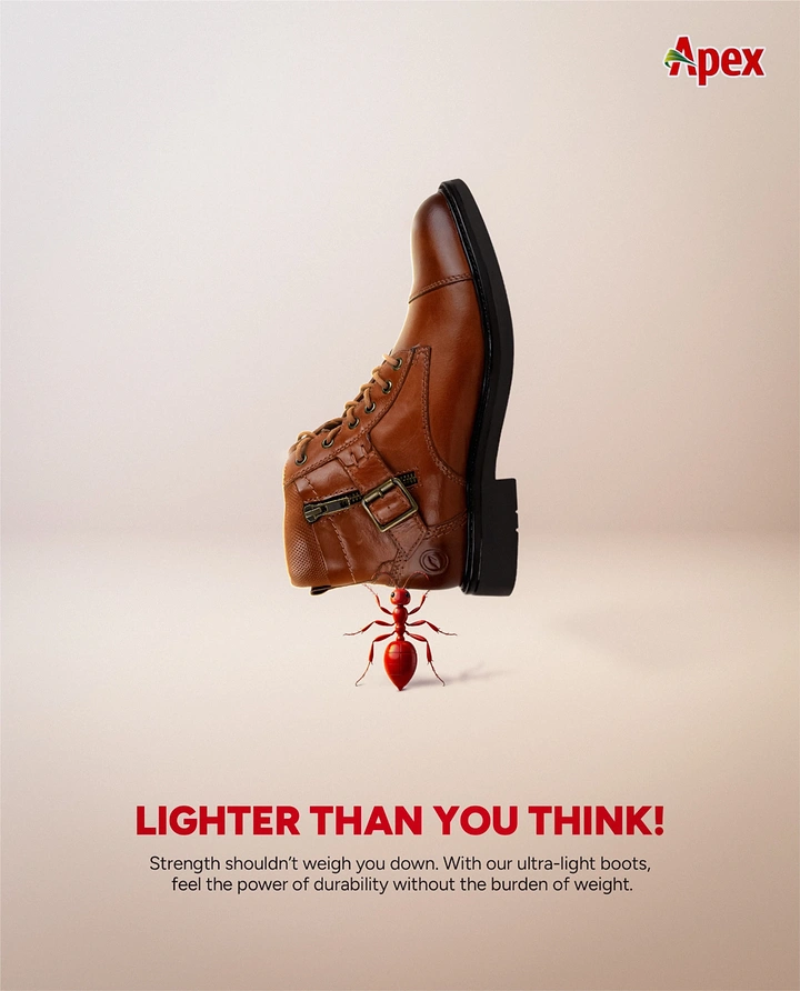 Creative ad: Brown leather boot balanced on top of a single red ant