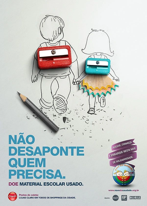 Education creative ad: Sketched children wearing real sharpeners as backpacks