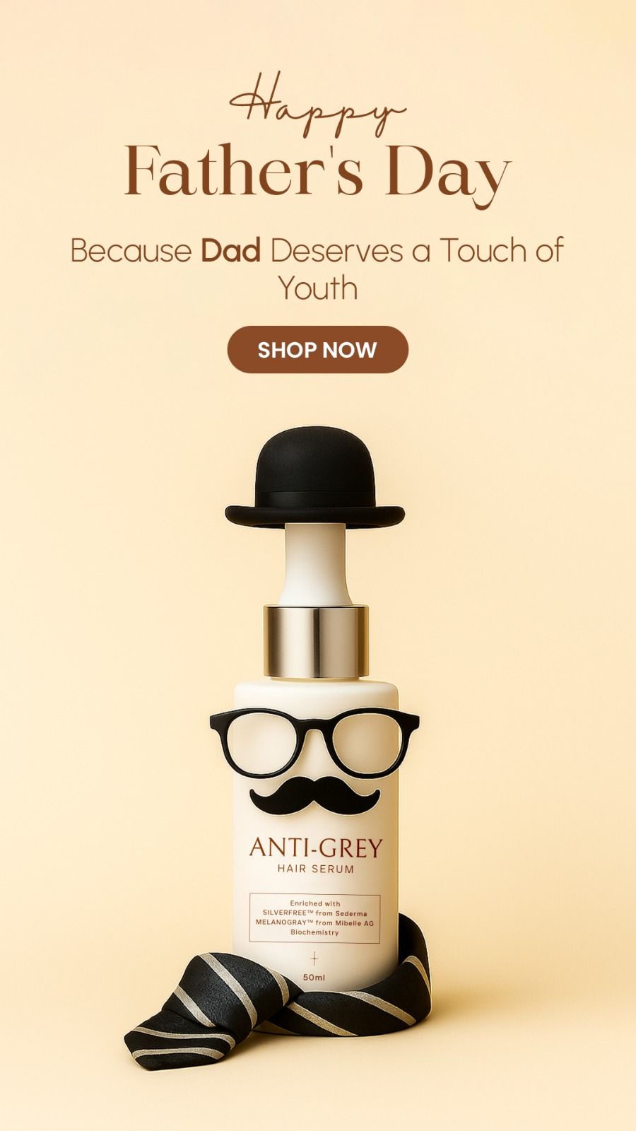 Serum bottle dressed as a dad with hat, glasses, moustache and tie