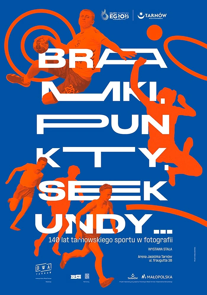 Creative ad: Orange duotone athletes around fragmented white typography