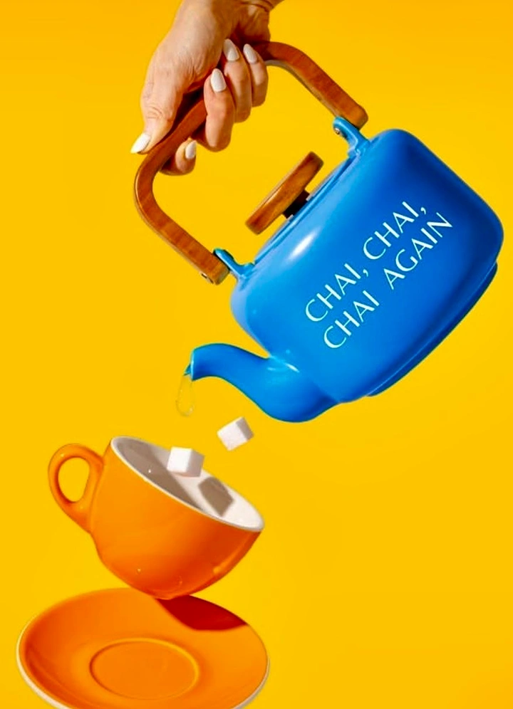Tea & Chai Brands creative ad: Suspended kettle pour, bold color pop