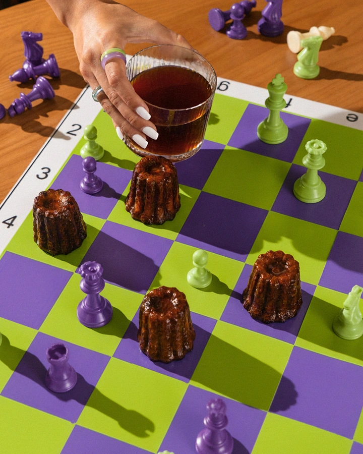 Board Games & Game Cafes creative ad: Food staged as chess-piece obstacles
