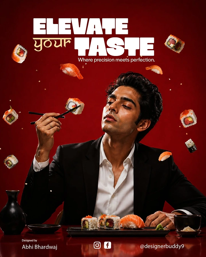 Sushi & Japanese Restaurants creative ad: Floating sushi visually elevates taste