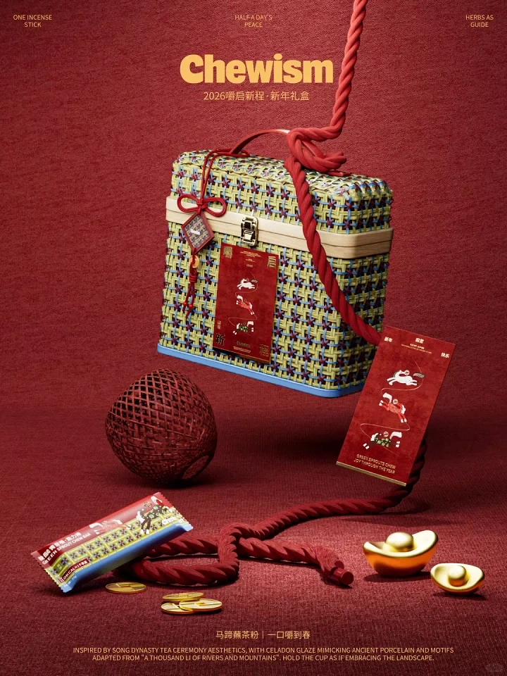 Lunar New Year creative ad: Suspended woven basket gift box on red rope with gold ingots