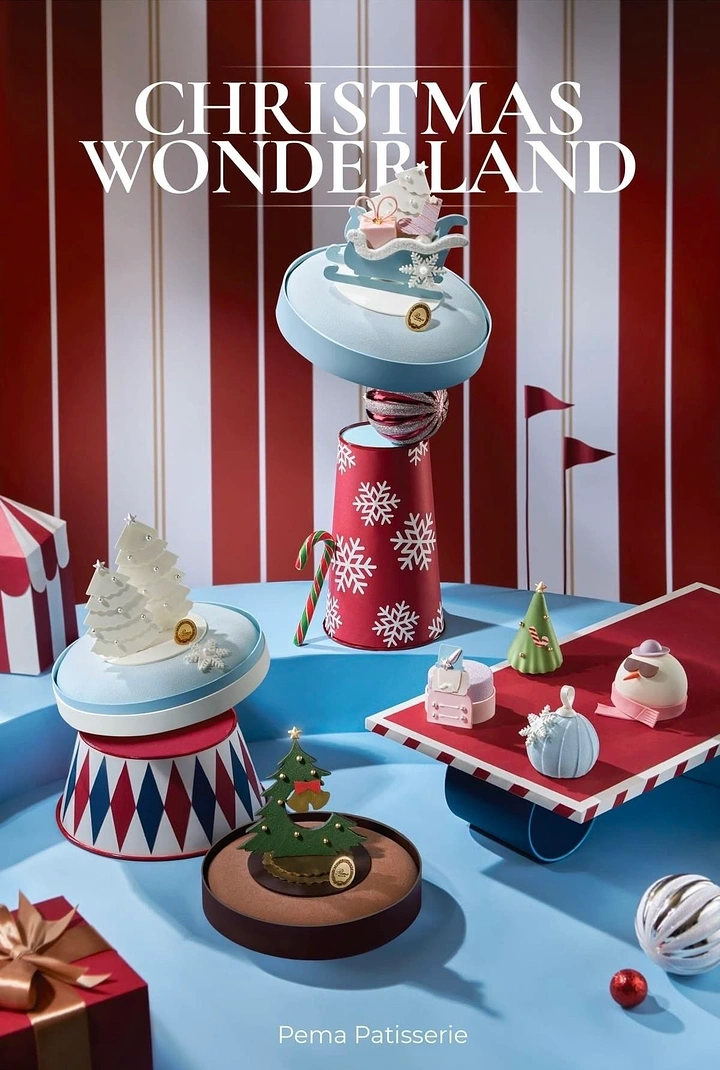 Christmas creative ad: Christmas entremet cakes and petit gateaux styled on circus pedestals