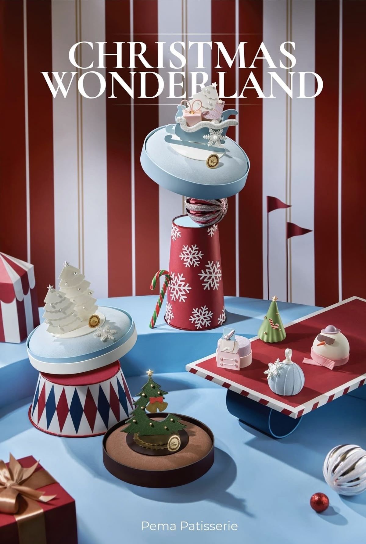 Christmas Poster: Christmas entremet cakes and petit gateaux styled on circus pedestals