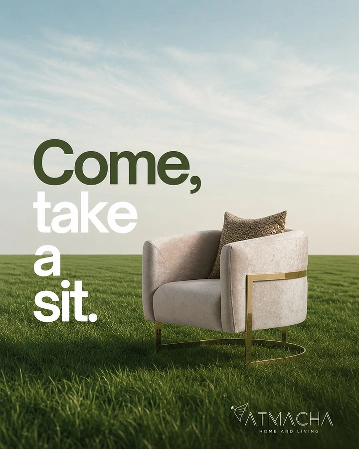 Creative ad: Plush armchair alone on an endless grass field