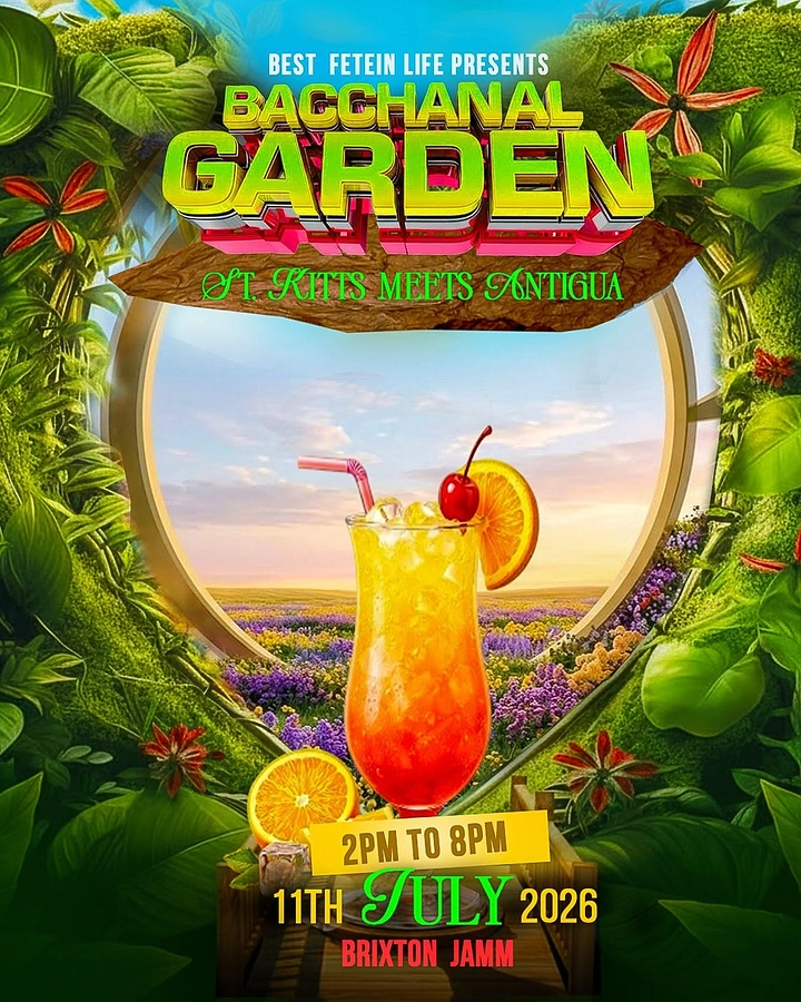 Party & Event Rentals creative ad: Cocktail framed as lush garden portal