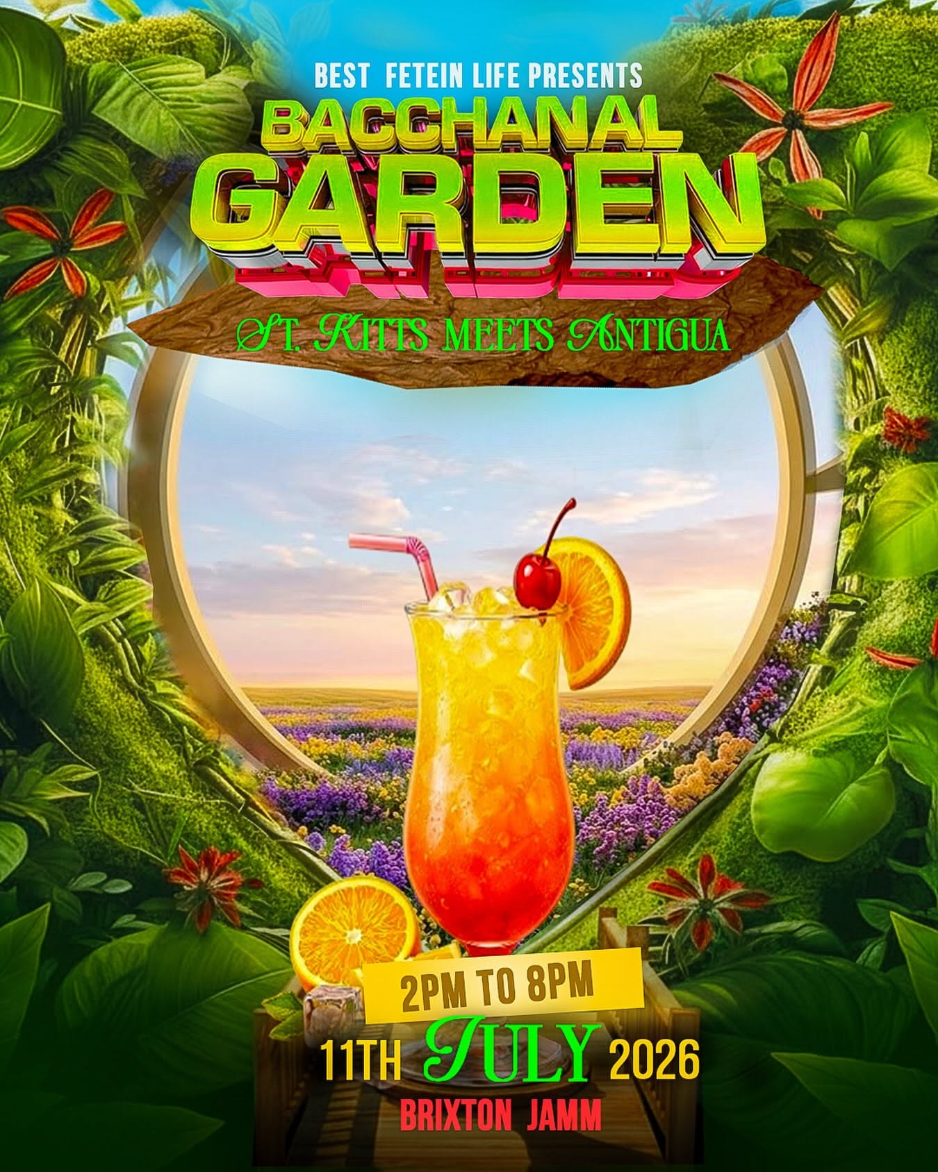 Instagram post: Cocktail framed as lush garden portal