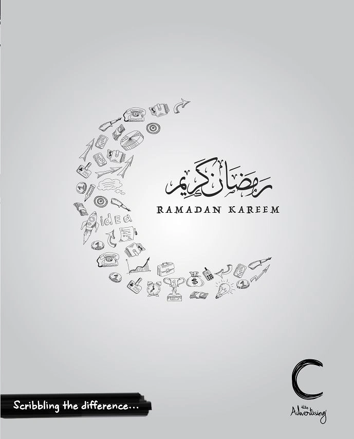 Ramadan creative ad: Crescent moon made of hand-drawn business doodle icons