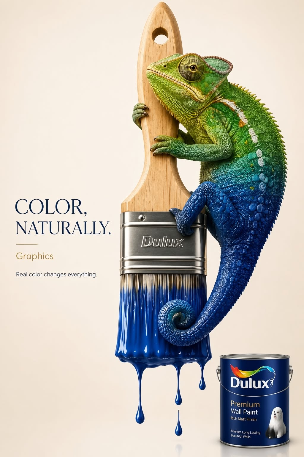 Chameleon shifting green to blue while climbing a paint brush