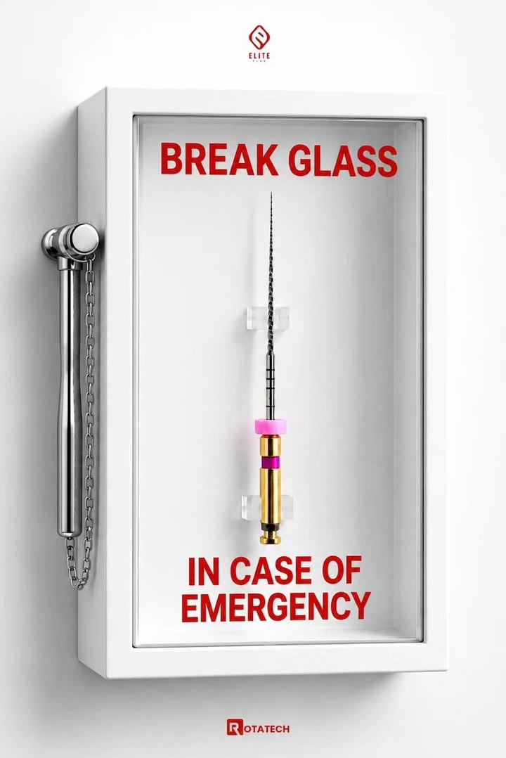 Dental creative ad: Dental rotary file mounted in a break-glass emergency case