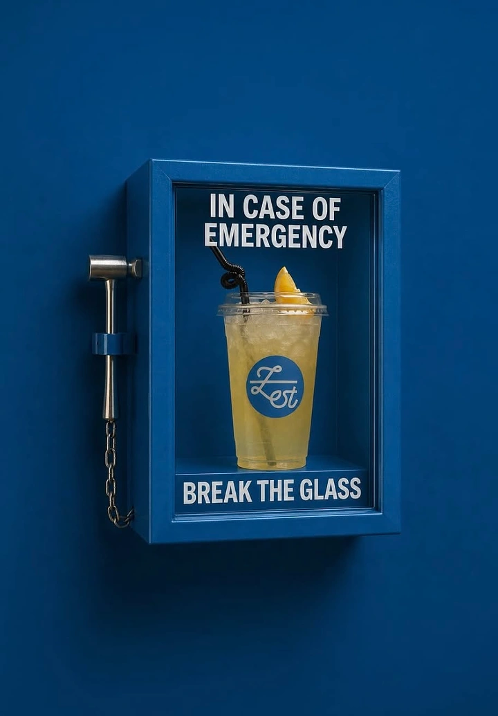 Tumblers, Flasks & Drinkware creative ad: Emergency-break-glass product metaphor