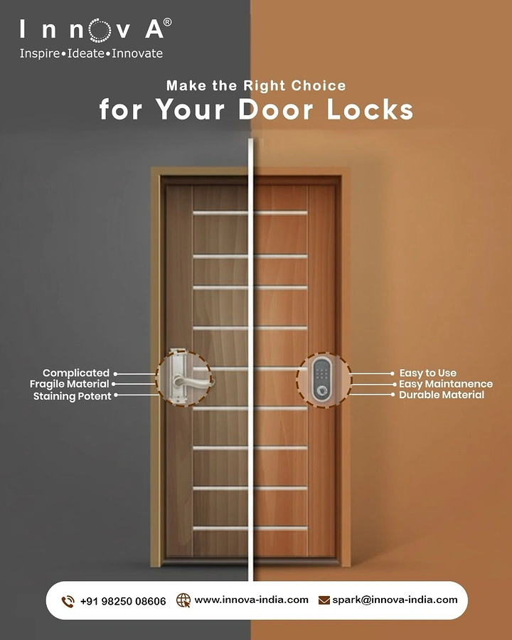 Locksmiths creative ad: Split door: old lock versus smart lock