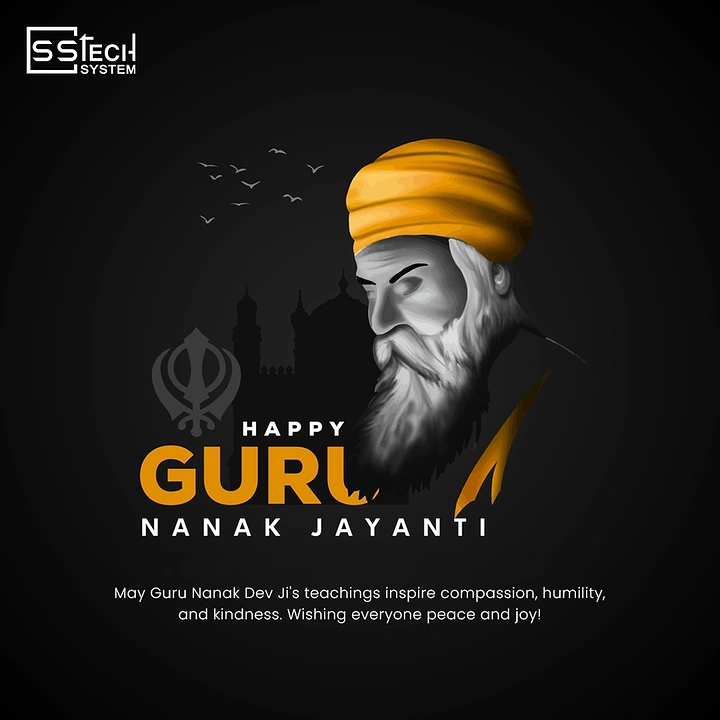 Guru Nanak Jayanti creative ad: Monochrome portrait of Guru Nanak with saffron turban