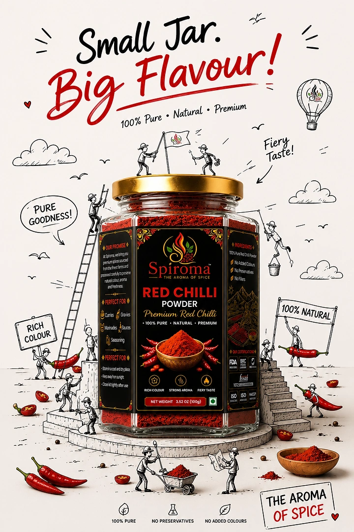 Spices & Masala Brands creative ad: Tiny doodle workers around jar, small jar big flavour