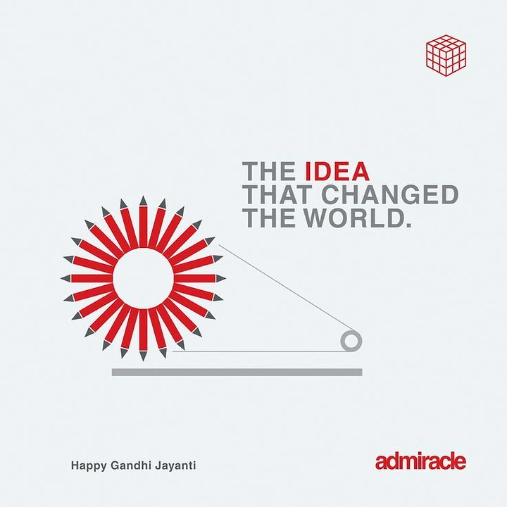 Gandhi Jayanti creative ad: Charkha spinning wheel built from radiating red pencils
