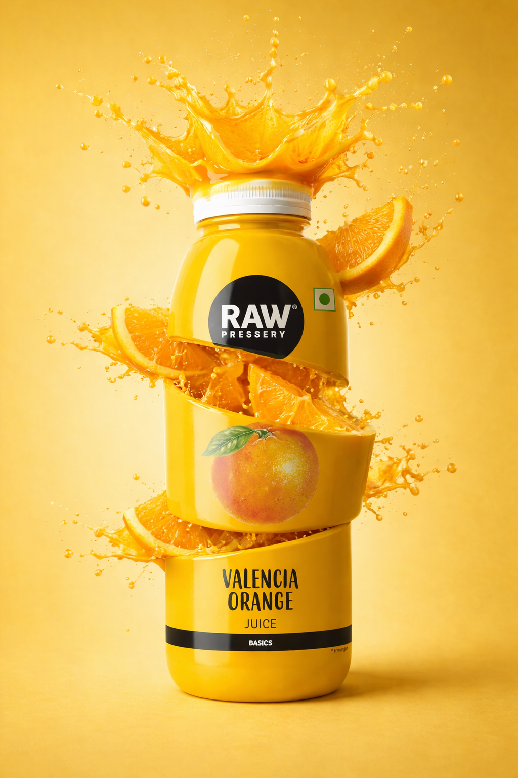 Instagram post: Juice bottle sliced into twisted sections with orange segments and a splash crown