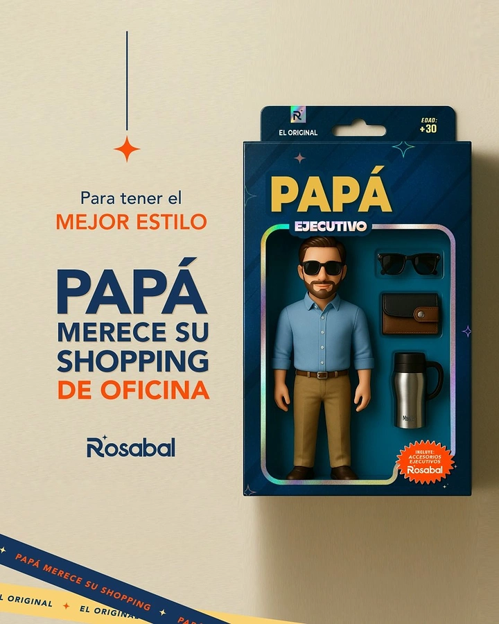 Father's Day creative ad: Dad as a boxed 3D action figure with executive accessories