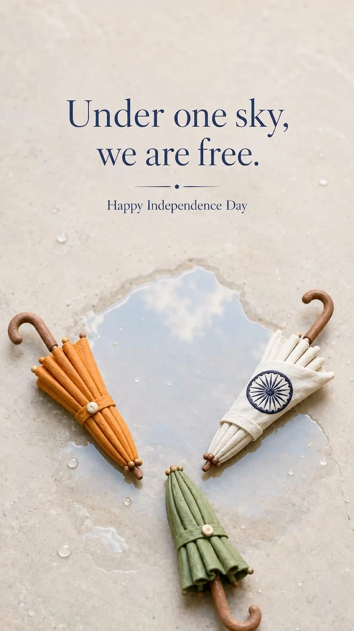 Independence Day creative ad: Three tricolour clay umbrellas around a sky-reflecting puddle