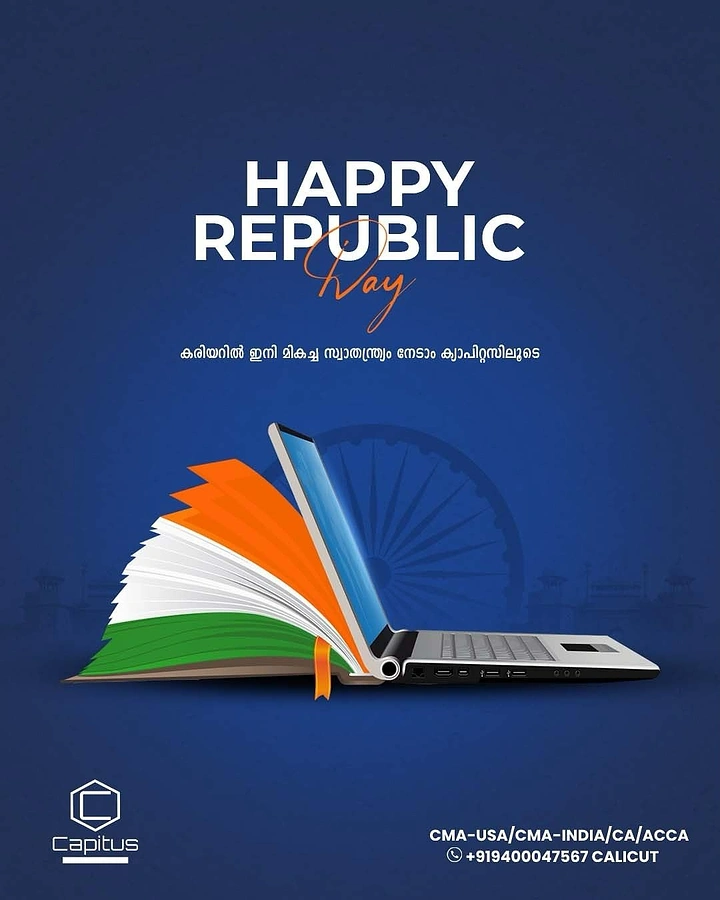 Republic Day creative ad: Open book with tricolour pages merging into a laptop