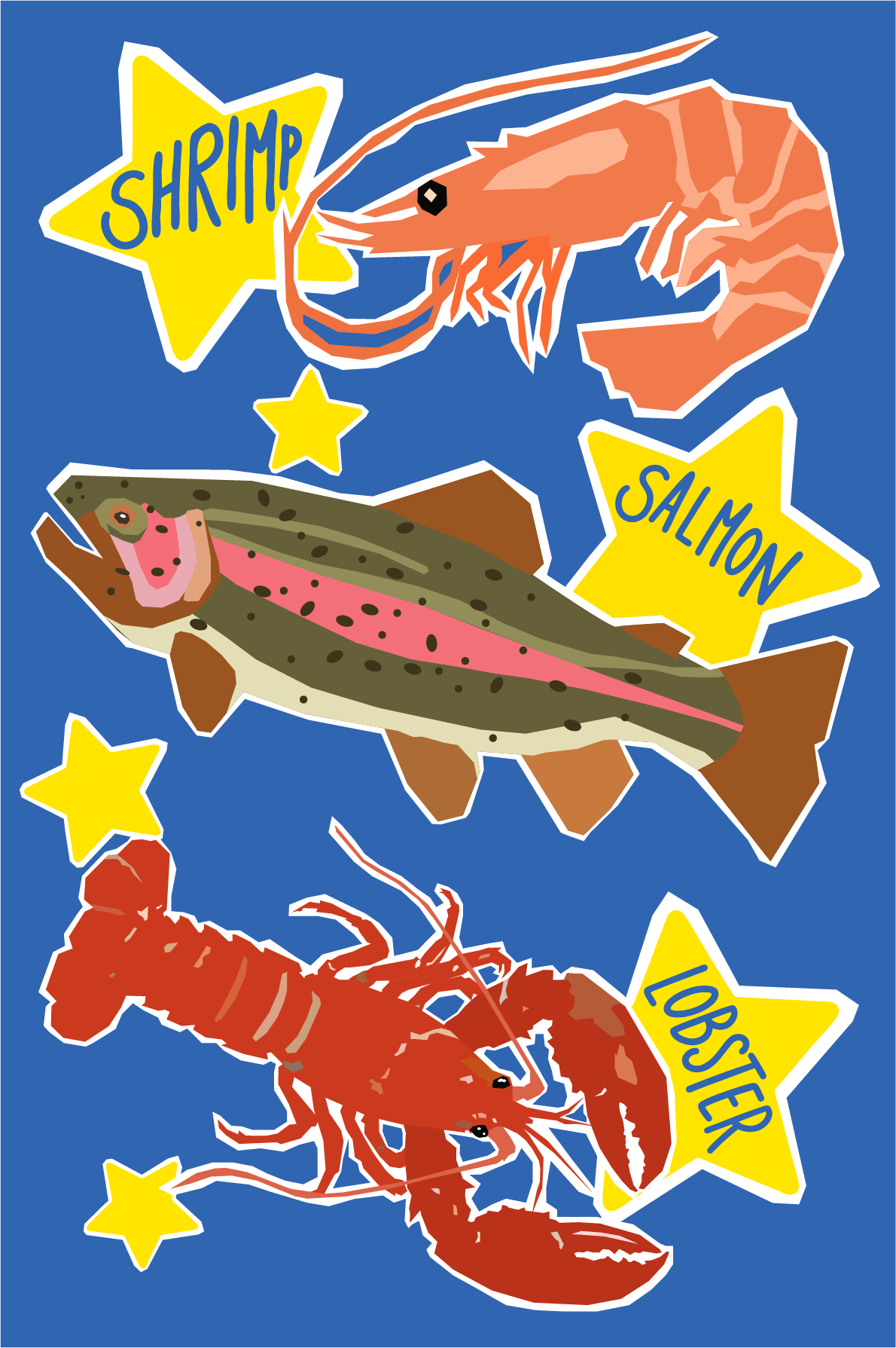 Story: Playful labeled seafood sticker composition