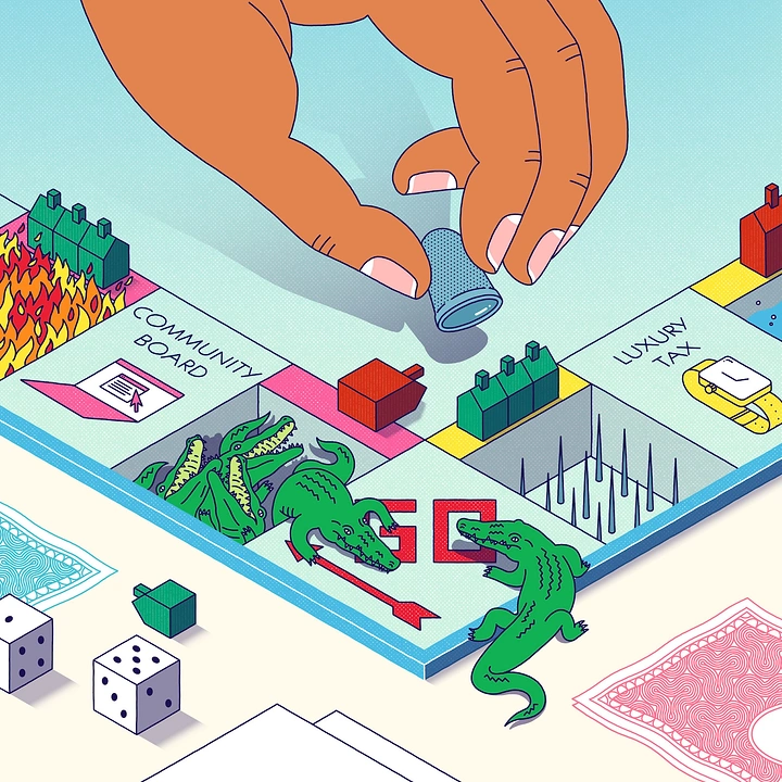 Board Games & Game Cafes creative ad: Illustrated Monopoly world with oversized hands