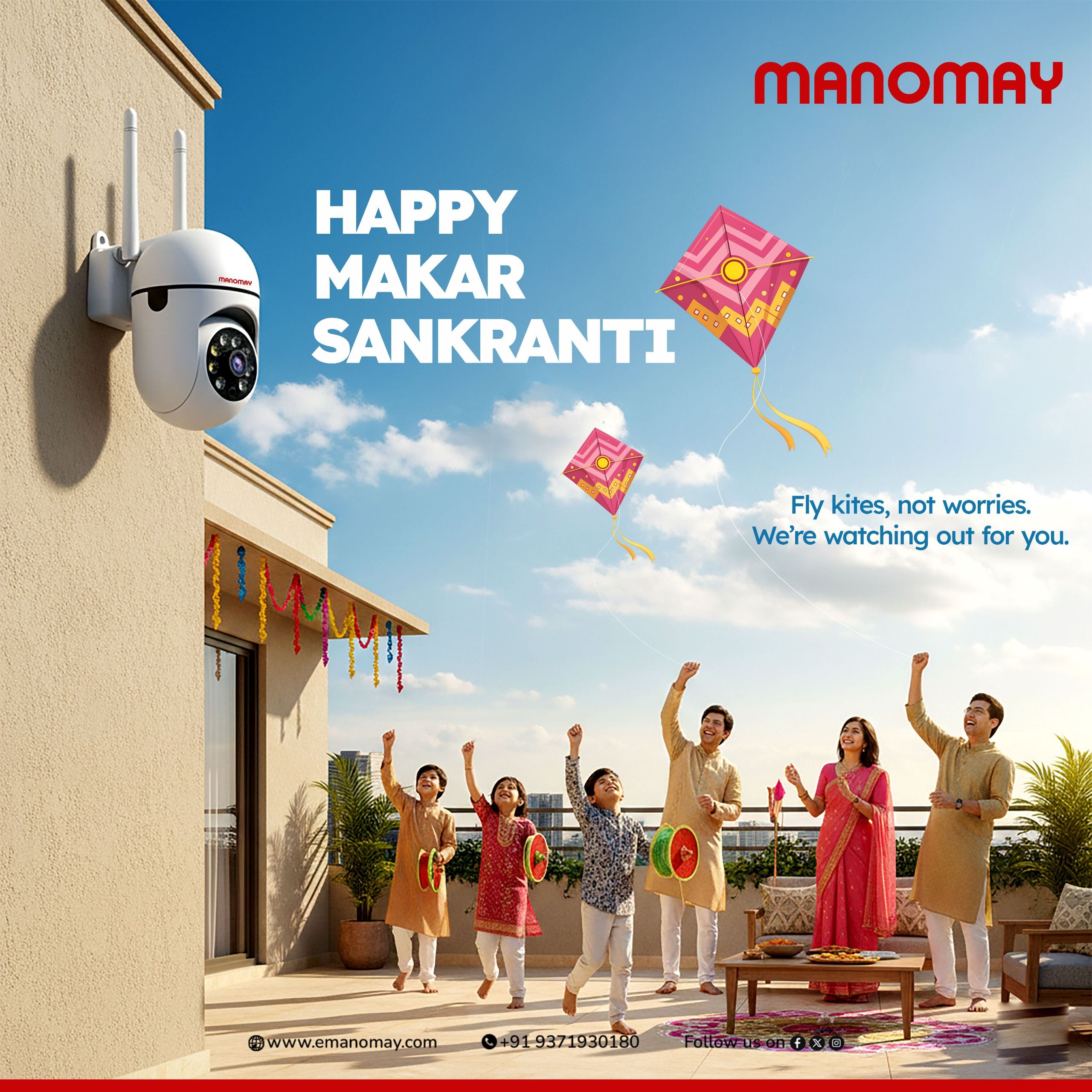 Security camera on rooftop wall overlooking family flying kites