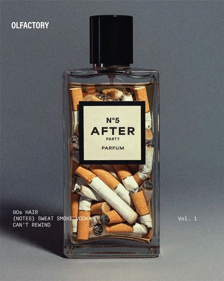 Perfume & Fragrance creative ad: Classic rectangular perfume bottle filled with cigarette butts