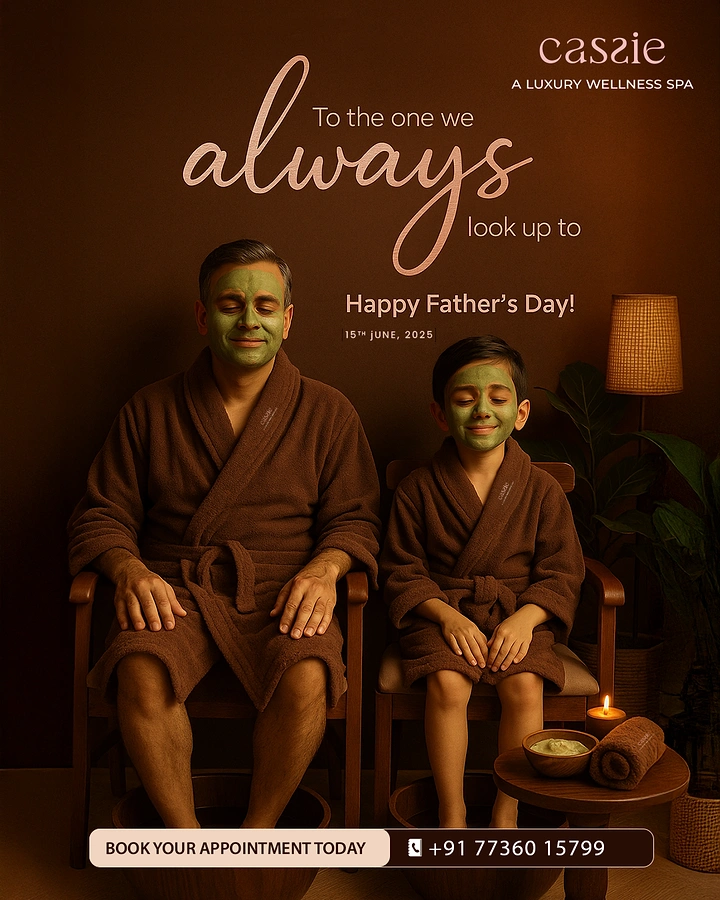 Father's Day creative ad: Father and son in matching robes and green face masks at a spa