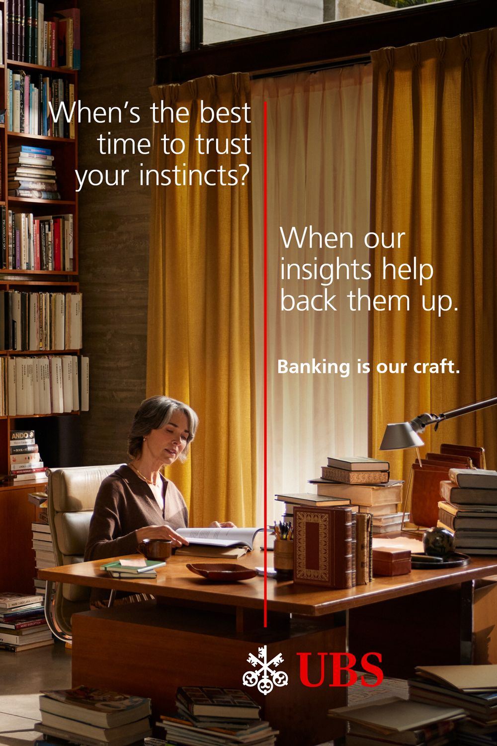 Poster: Older woman reading at a book-laden desk in a library study