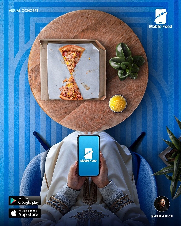 Ramadan creative ad: Top-down man in robe holding phone before table with pizza slices forming an hourglass