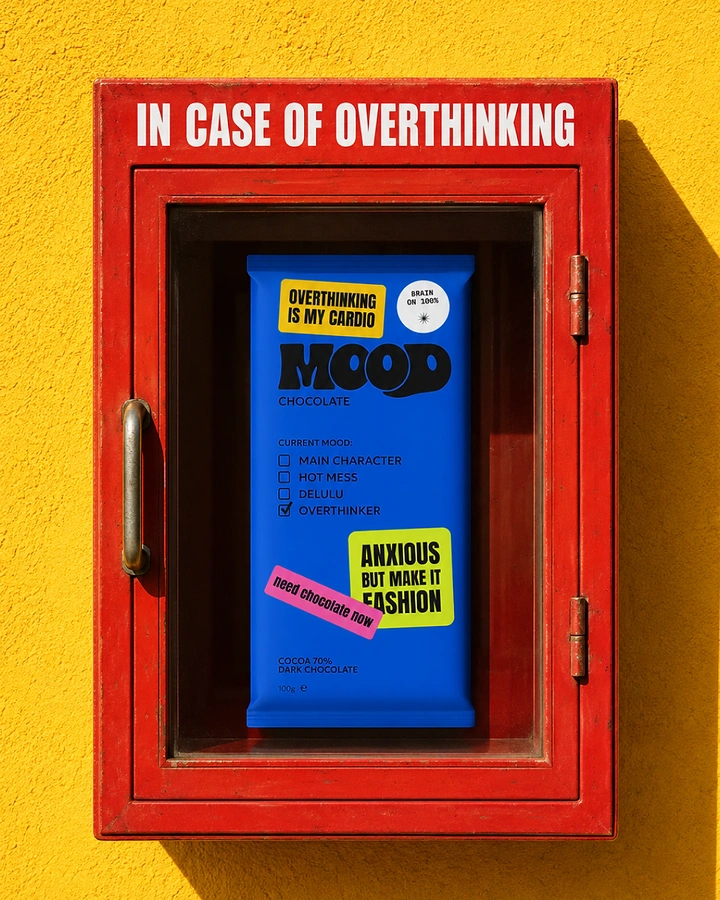 Chocolate Brands & Chocolatiers creative ad: Blue chocolate bar inside a red emergency break-glass cabinet