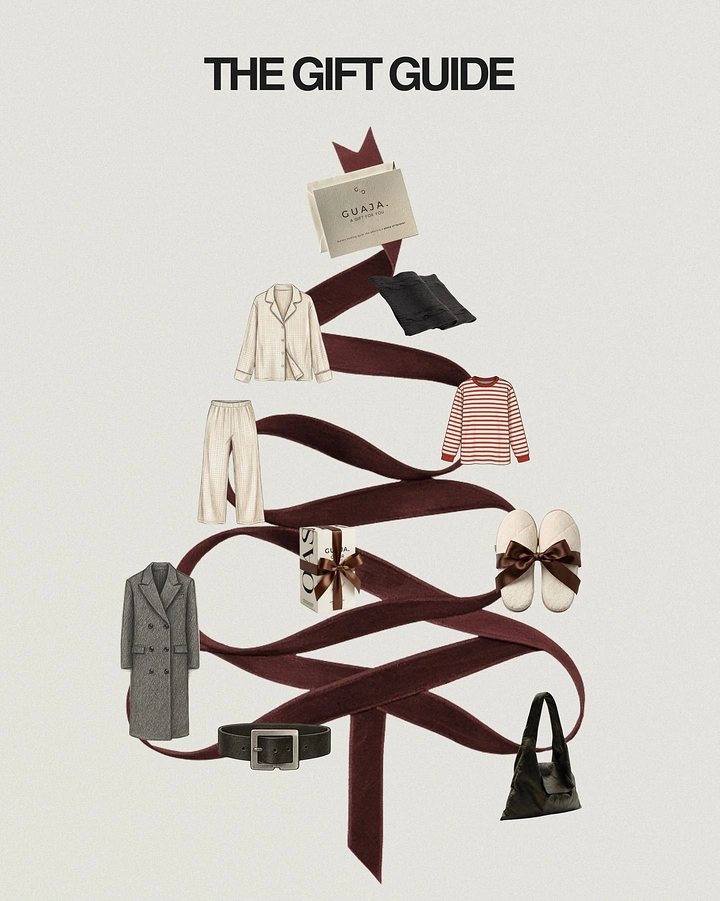 Christmas creative ad: Burgundy ribbon zigzagging into a Christmas tree shape decorated with product cutouts