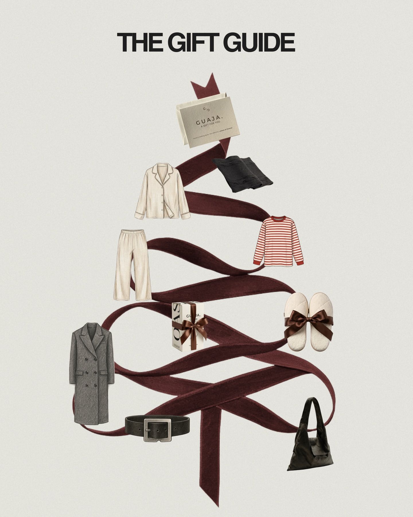 Burgundy ribbon zigzagging into a Christmas tree shape decorated with product cutouts