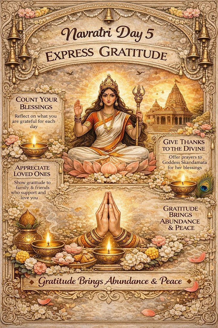 Navratri creative ad: Ornate Navratri gratitude devotional poster with Goddess Skandamata