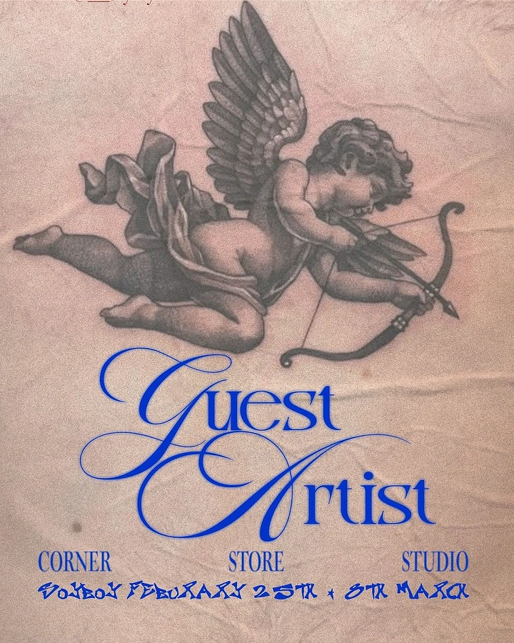 Tattoo Studios creative ad: Cupid tattoo flash with script guest-artist type