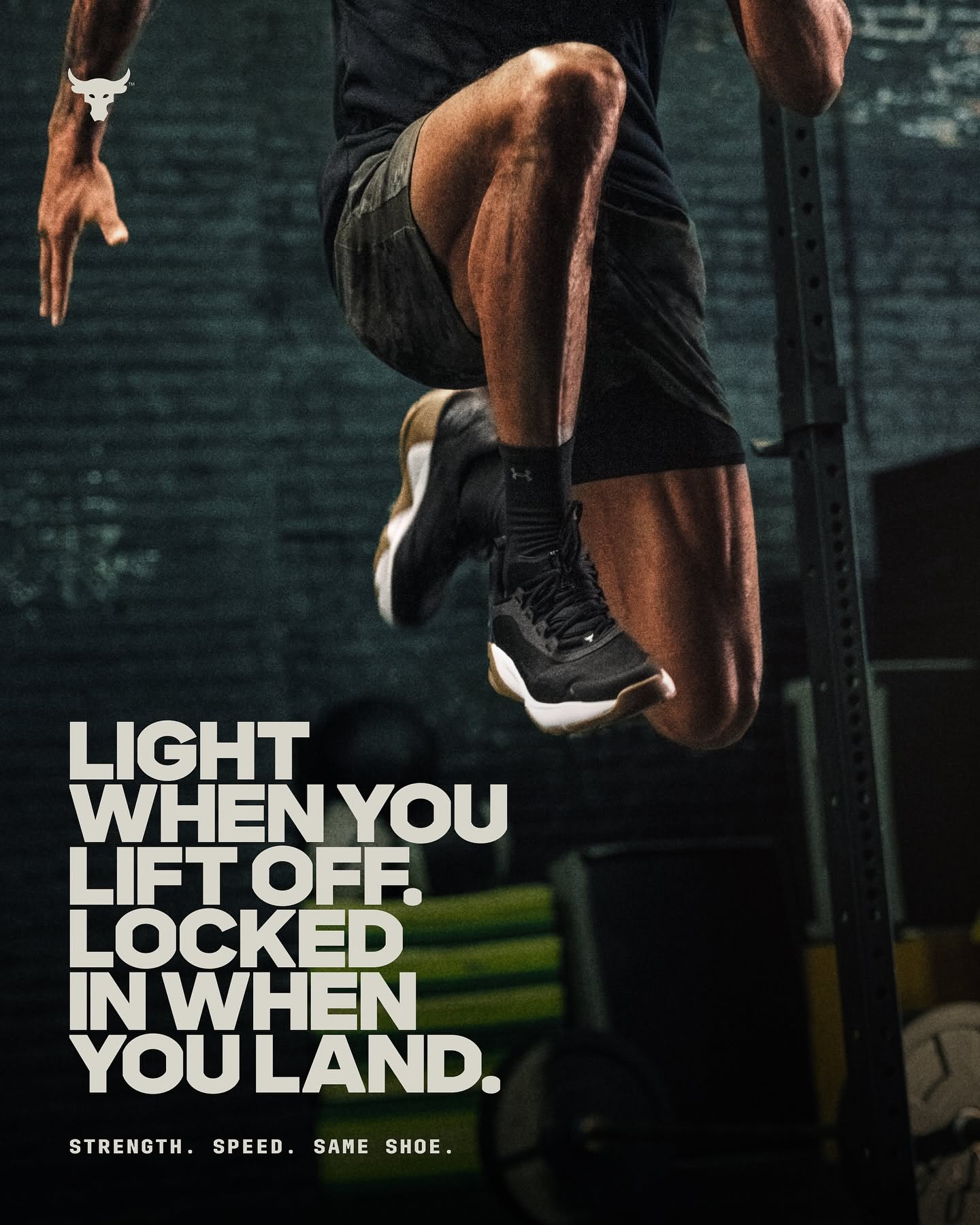 Instagram post: Athlete mid-jump with a knee drive, showing black training shoes