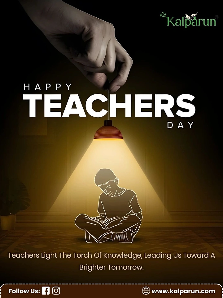 Teachers Day creative ad: Hand holding a pendant lamp lighting a line-art boy reading