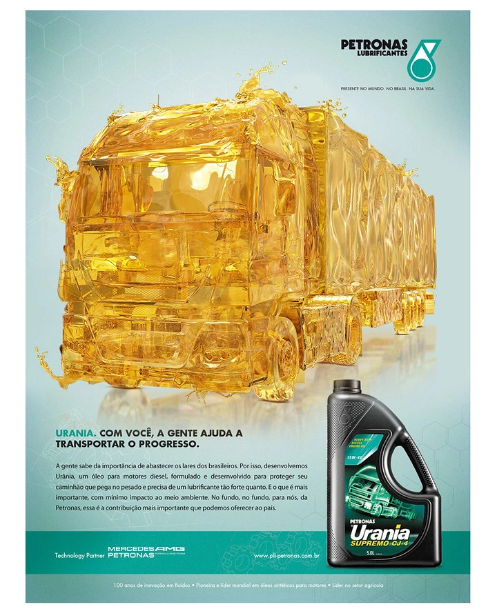 Engine Oil & Lubricants creative ad: Engine sculpture made from golden oil