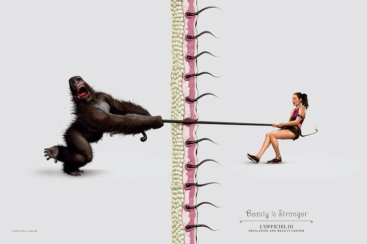 Beauty & Salon creative ad: Woman tugging a hair out of a skin cross-section against a gorilla