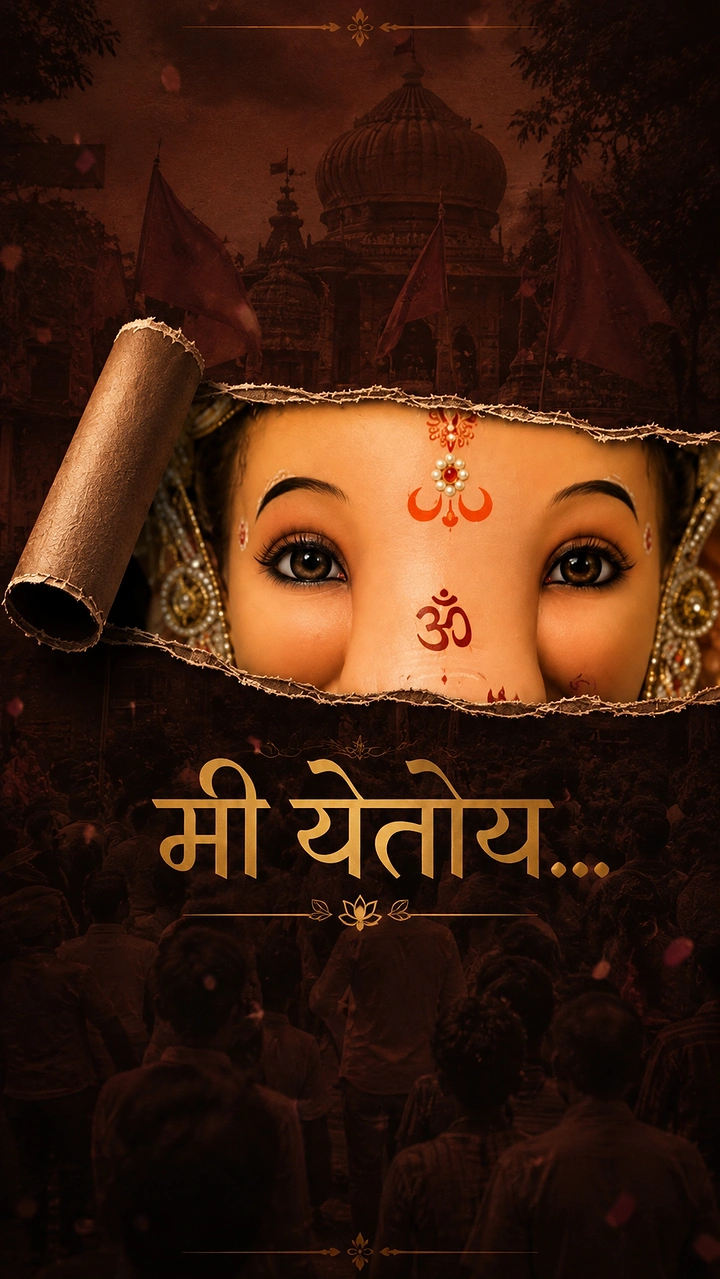 Ganesh Chaturthi creative ad: Close-up of Ganesha idol's eyes revealed through a torn paper strip
