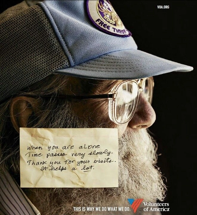 Senior Care creative ad: Close-up profile of a bearded elderly man with a handwritten note over his face