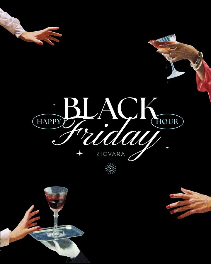 Black Friday creative ad: Cut-out hands reaching and holding cocktails around centered title