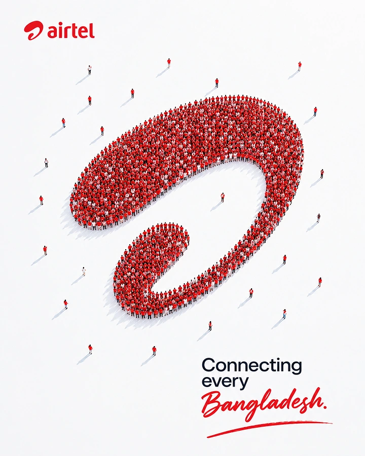 Telecom creative ad: Crowd of people in red forming the brand swirl logo, seen from above
