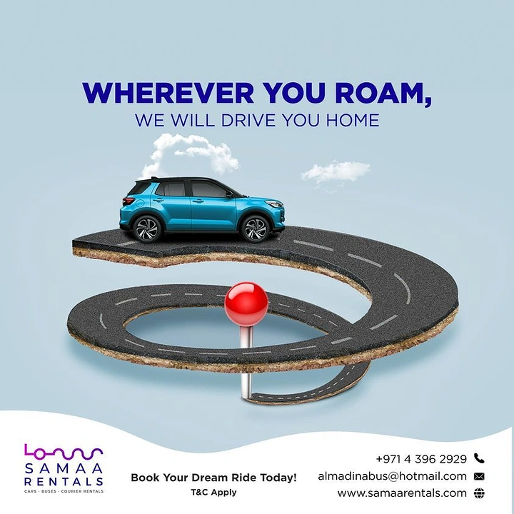 Car Rental creative ad: Spiral road to home pin metaphor