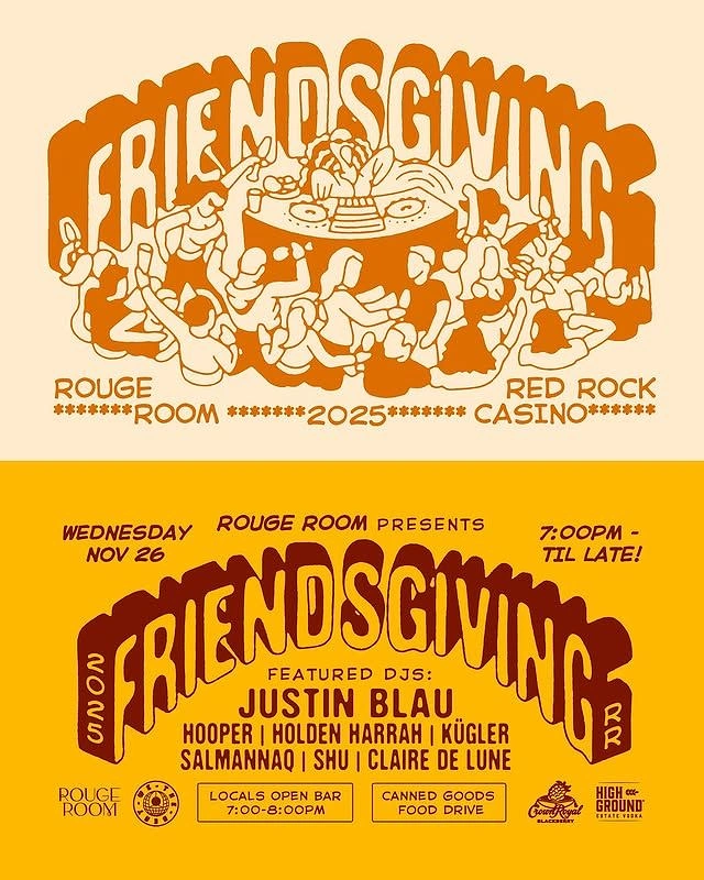 Thanksgiving creative ad: Line-art crowd dancing around a DJ turntable under arched lettering