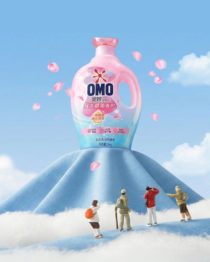 Detergents & Home Cleaning Products creative ad: Pink detergent bottle on a blue fabric mountain, with tiny hikers